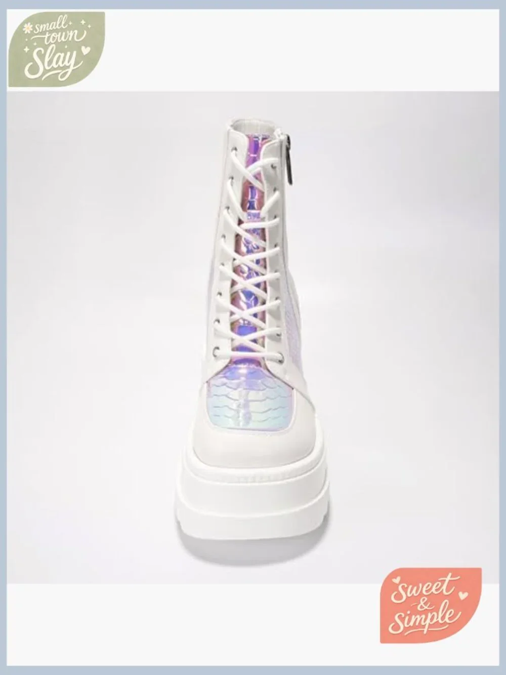 Holographic Platform Ankle Boots Chunky Heel Lace Up Zipper - Picture 5 of 7